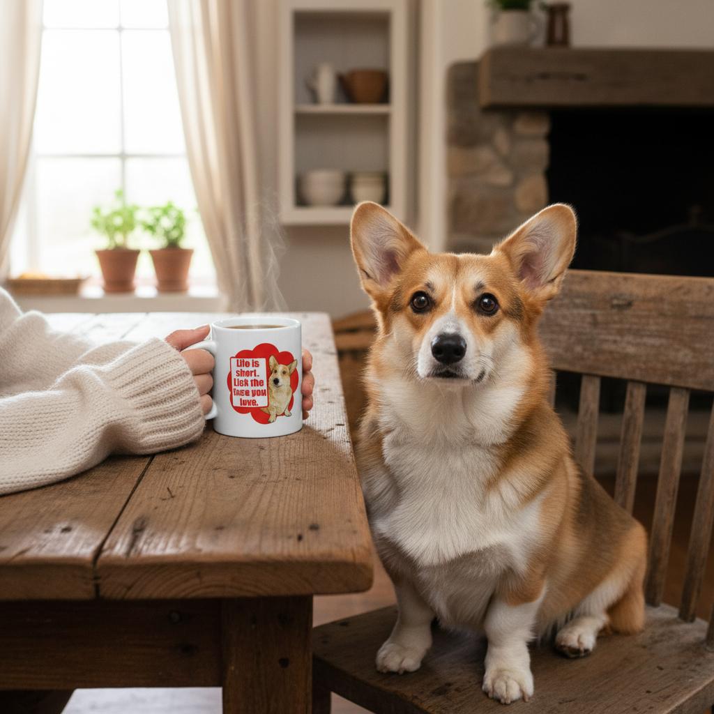 Corgi dog sitting on a wooden chair next to a person holding a mug in a cozy room.