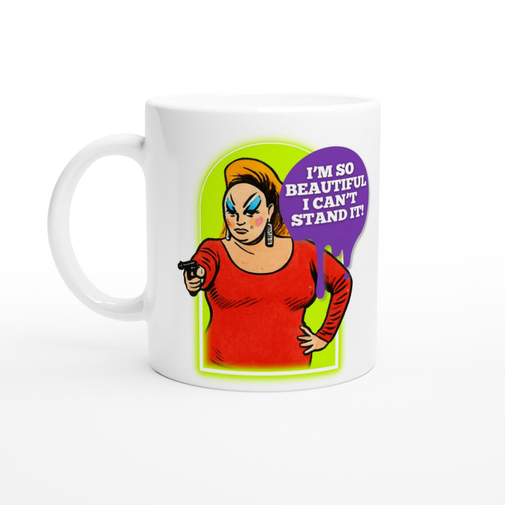 A humorous, white ceramic mug with an illustration of the amazing Divine Queen Of Filth The quote reads: "I'm so beautiful I can't stand it!" Perfect gift for any Divine or John Waters Fan.