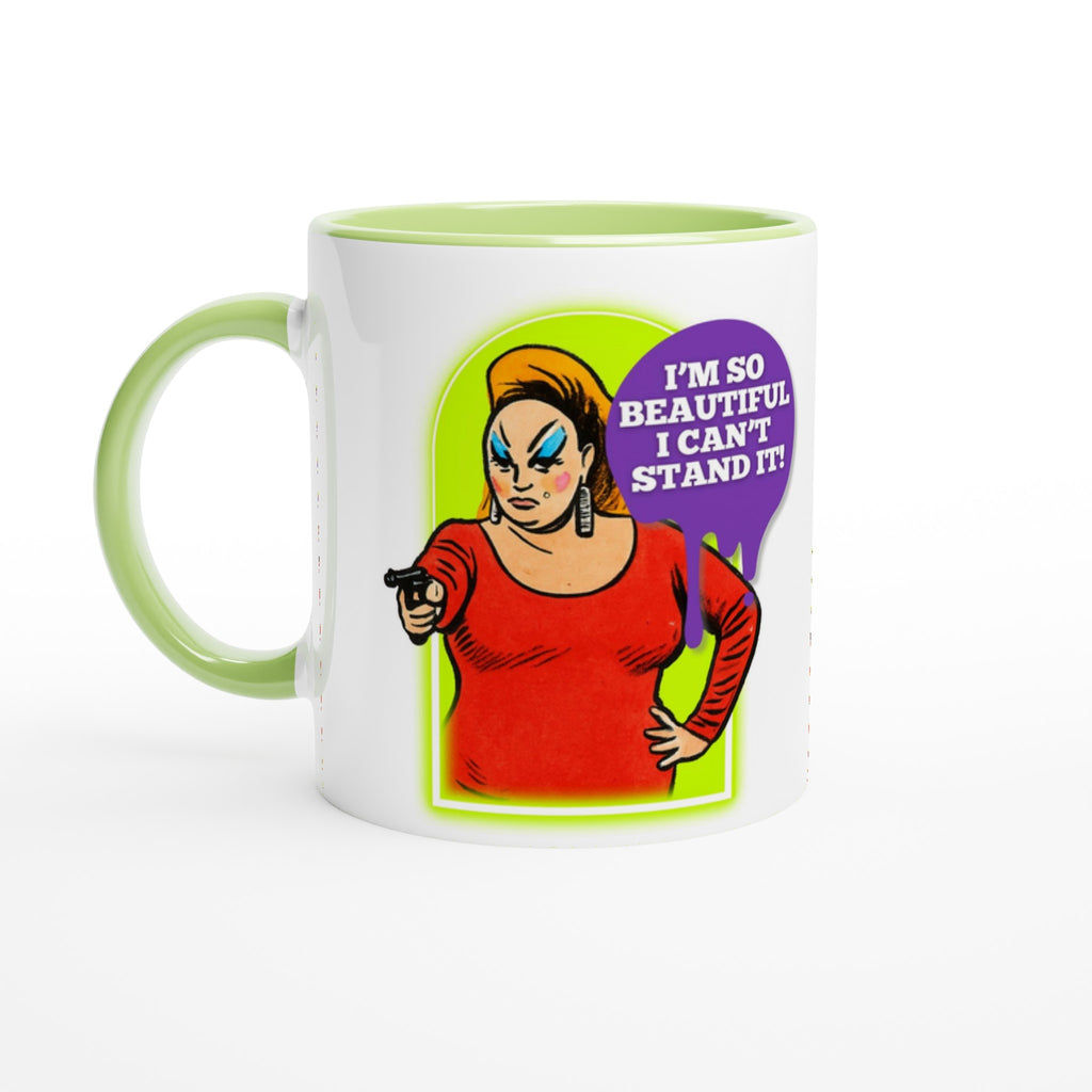 A humorous, white ceramic mug with lime green inside and handle, with an illustration of the amazing Divine Queen Of Filth The quote reads: "I'm so beautiful I can't stand it!" Perfect gift for any Divine or John Waters Fan.