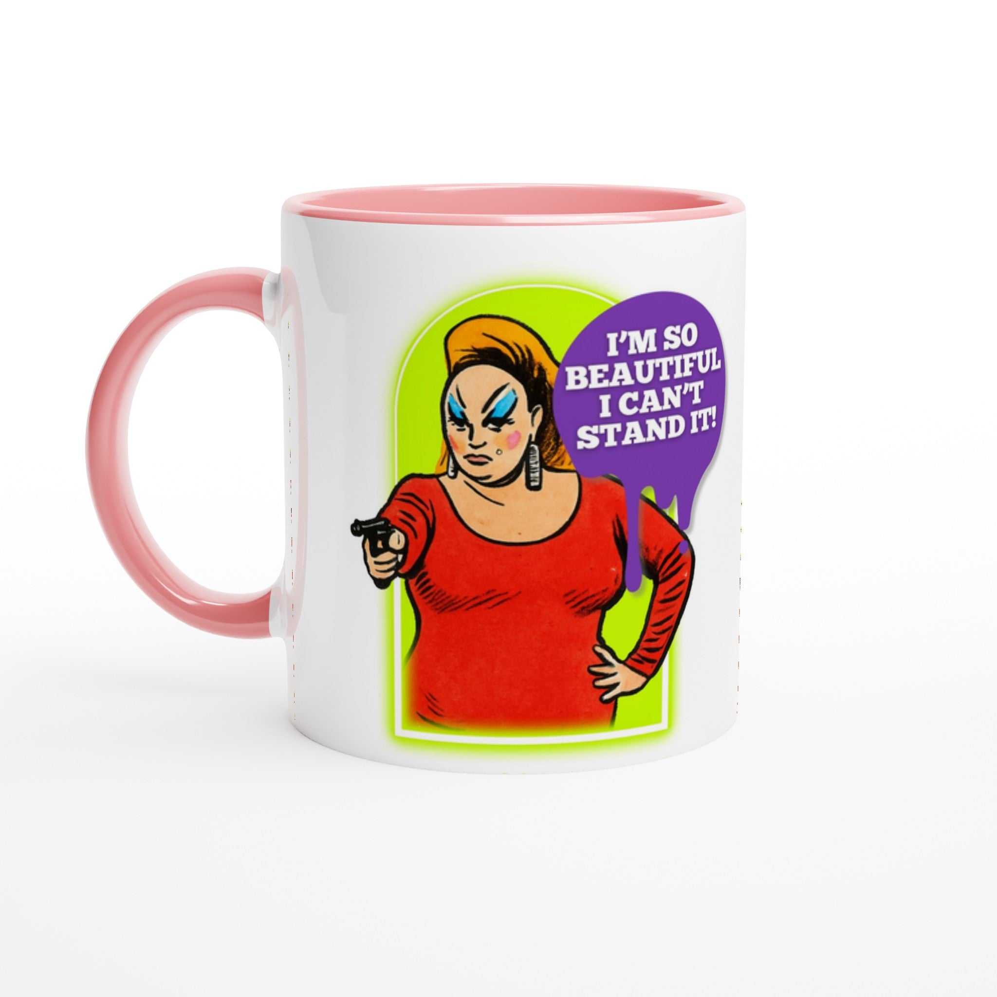 A humorous, white ceramic mug with light pink inside and handle, with an illustration of the amazing Divine Queen Of Filth The quote reads: "I'm so beautiful I can't stand it!" Perfect gift for any Divine or John Waters Fan.