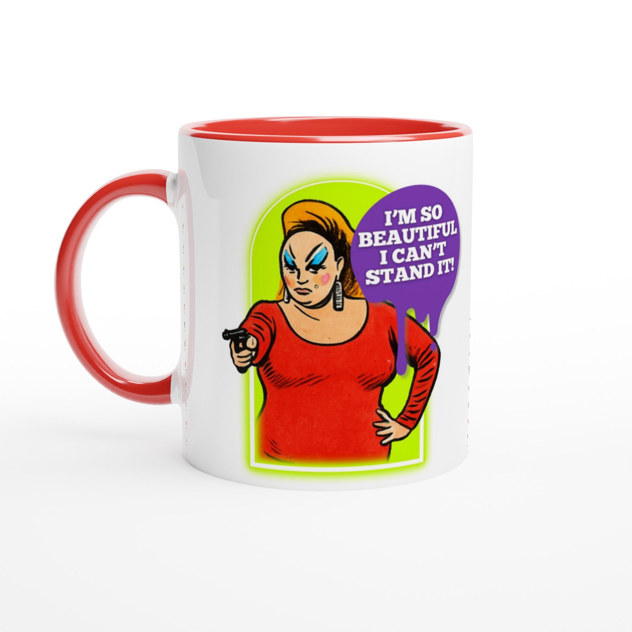 A humorous, white ceramic mug with red inside and handle, with an illustration of the amazing Divine Queen Of Filth The quote reads: "I'm so beautiful I can't stand it!" Perfect gift for any Divine or John Waters Fan.