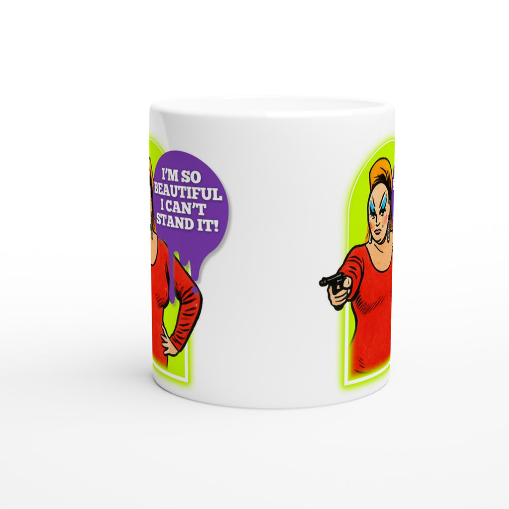 A humorous, white ceramic mug with an illustration of the amazing Divine Queen Of Filth The quote reads: "I'm so beautiful I can't stand it!" Perfect gift for any Divine or John Waters Fan.