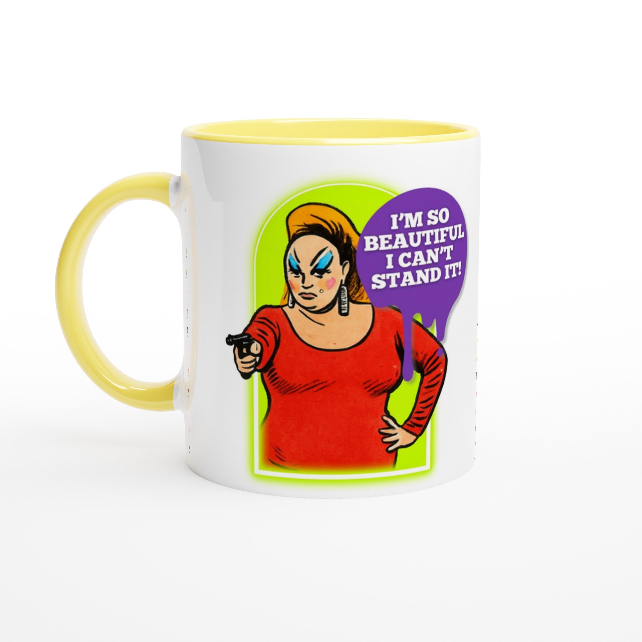 A humorous, white ceramic mug with yellow inside and handle, with an illustration of the amazing Divine Queen Of Filth The quote reads: "I'm so beautiful I can't stand it!" Perfect gift for any Divine or John Waters Fan.