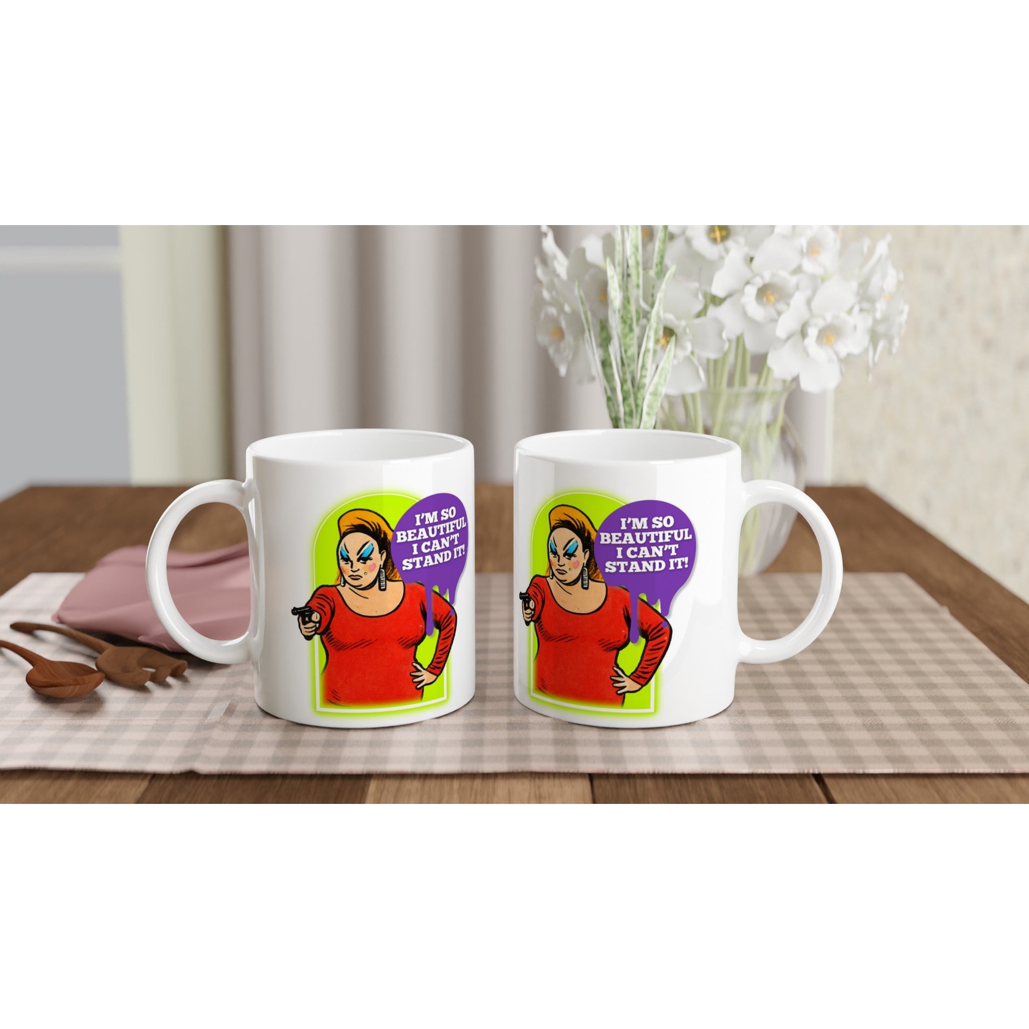 A humorous, white ceramic mug with an illustration of the amazing Divine Queen Of Filth The quote reads: "I'm so beautiful I can't stand it!" Perfect gift for any Divine or John Waters Fan.