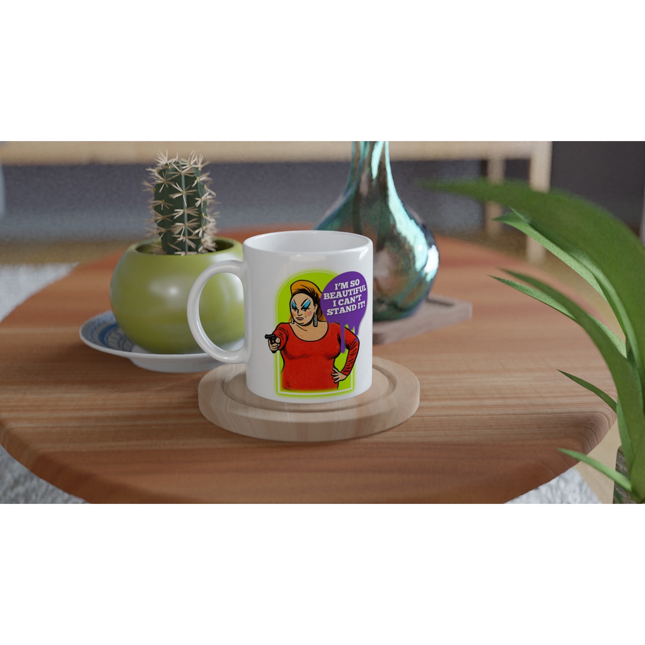 A humorous, white ceramic mug with an illustration of the amazing Divine Queen Of Filth The quote reads: "I'm so beautiful I can't stand it!" Perfect gift for any Divine or John Waters Fan.