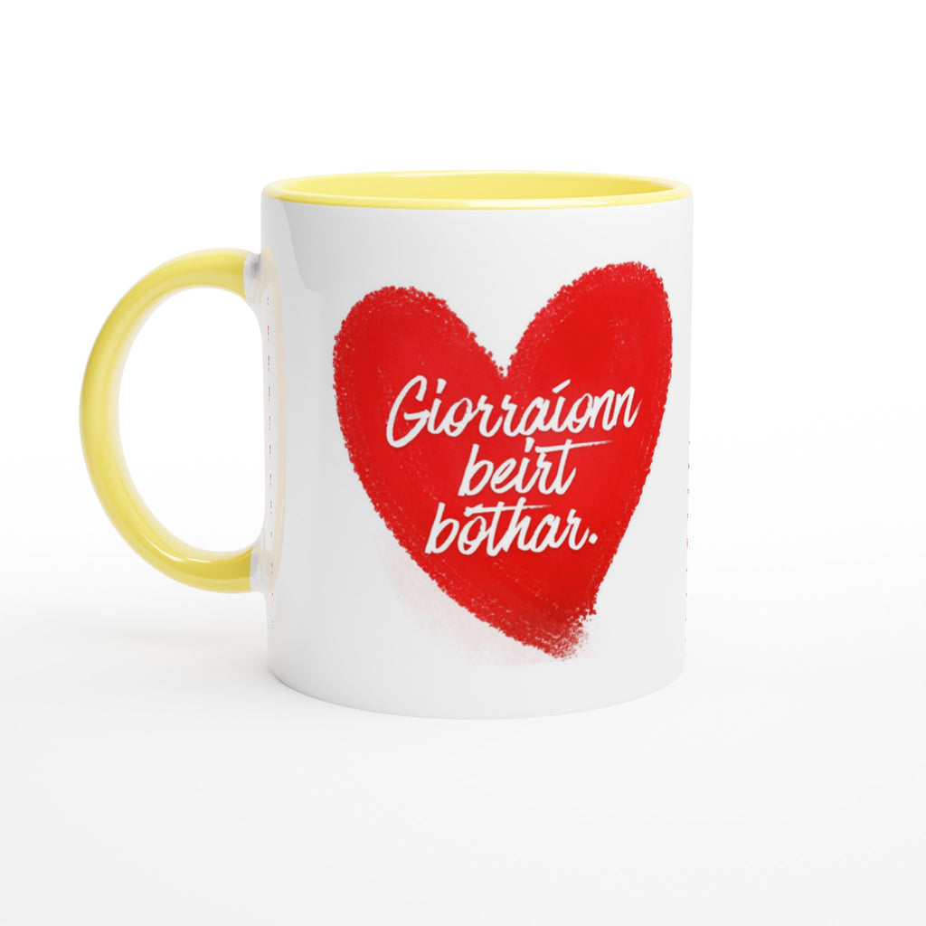 "Giorraíonn beirt bóthar" (Two people shorten the road) Mug Love Romantic, friendship celebrate Yellow