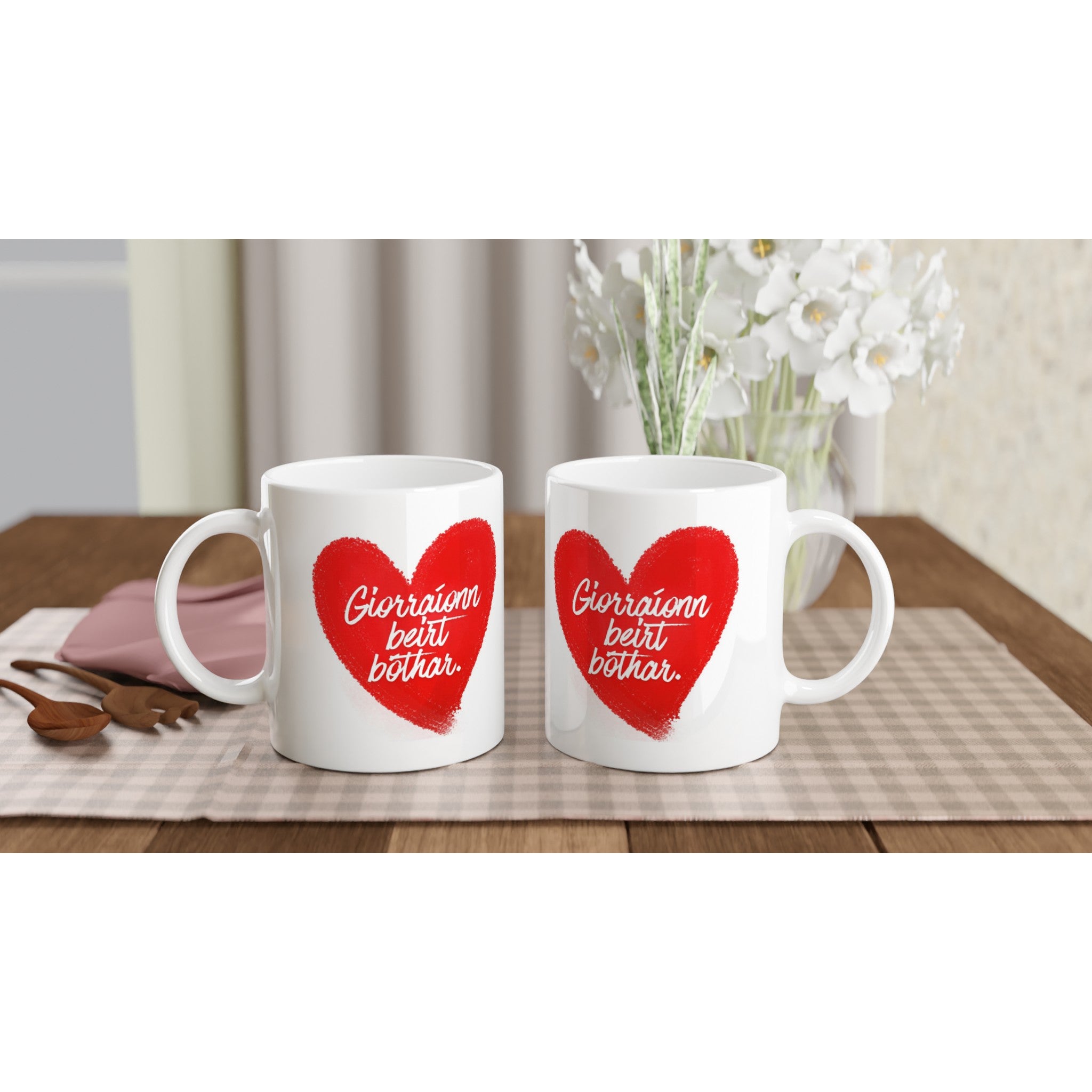 "Giorraíonn beirt bóthar" (Two people shorten the road) Mug Love Romantic, friendship celebrate on your coffee table