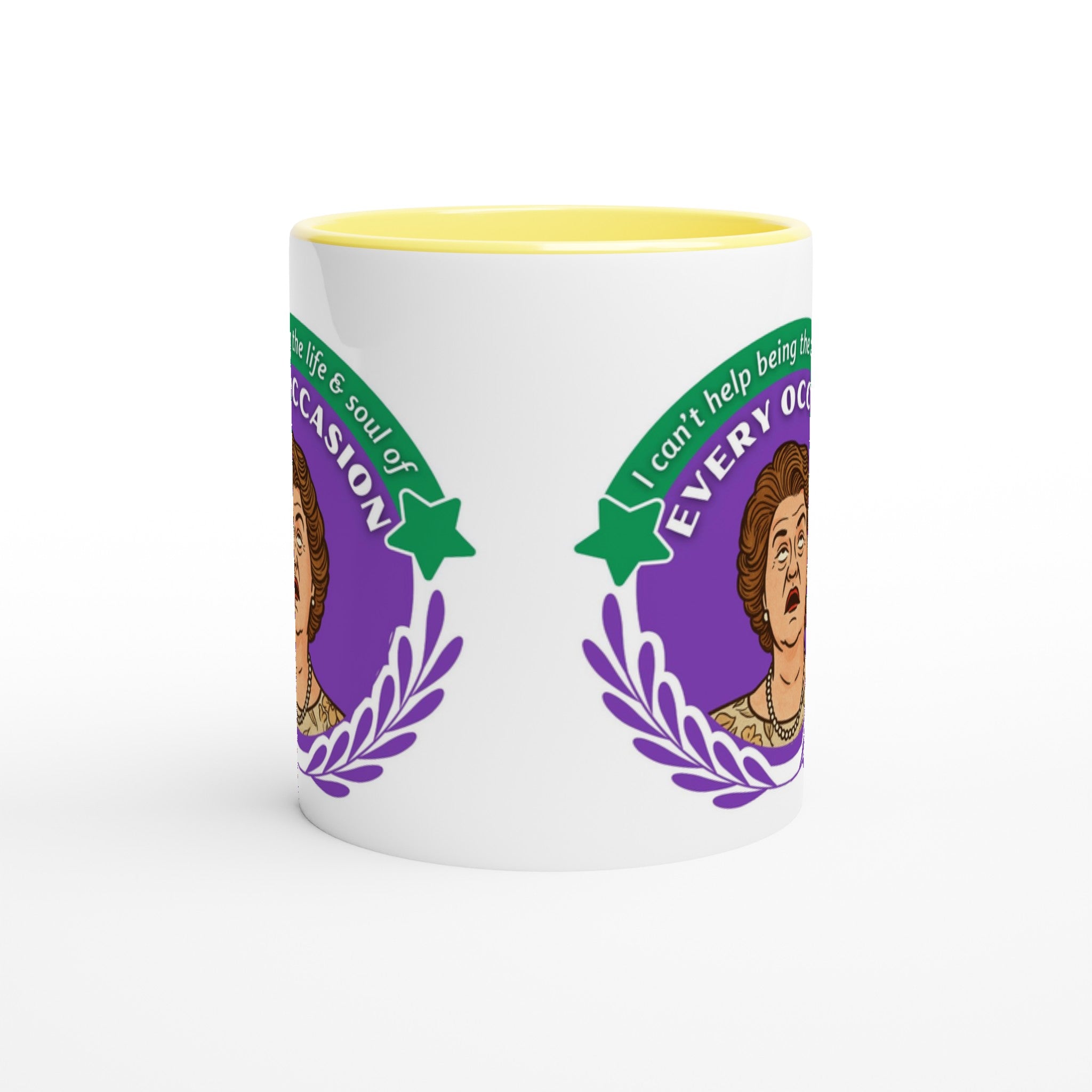 Hyacinth Bucket Mug for every Occasion Yellow side angle
