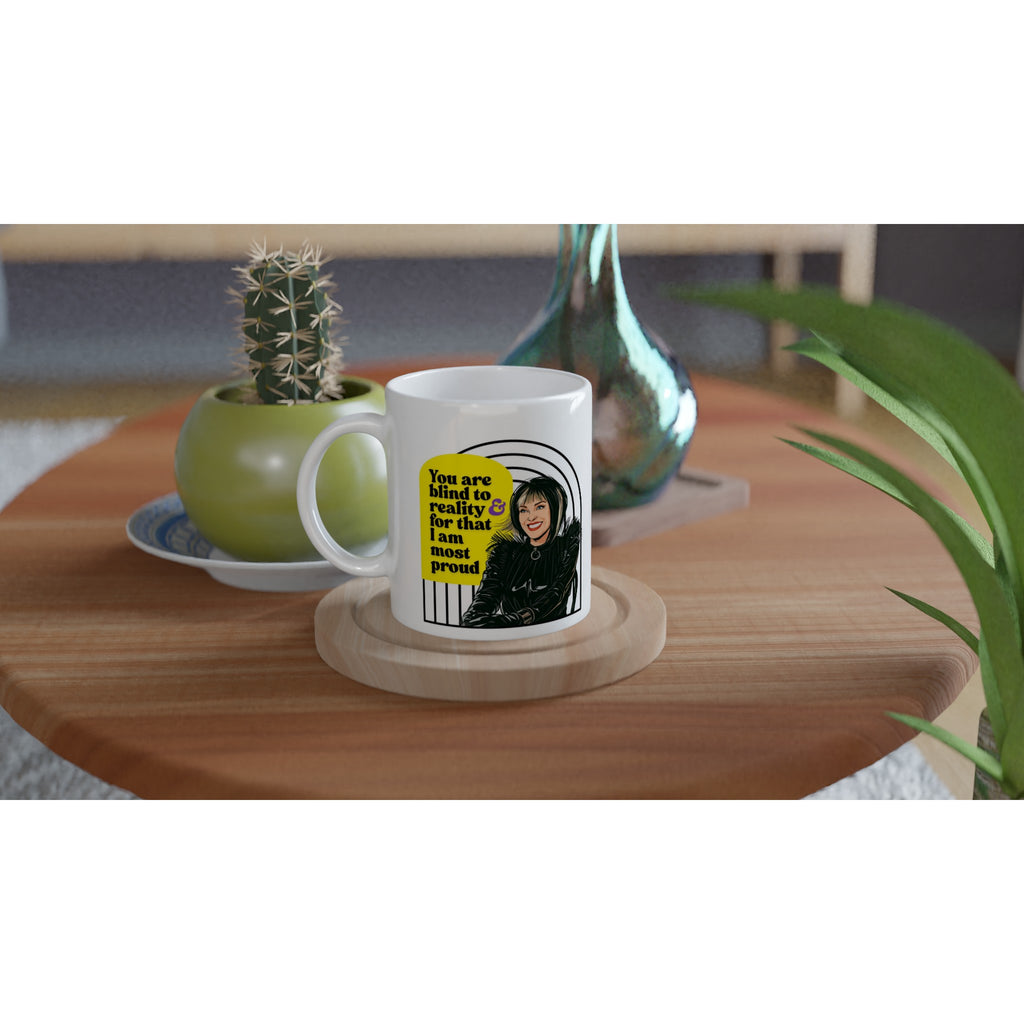 Moira Rose Schitts Creek Mug Black and White on you coffee table baby